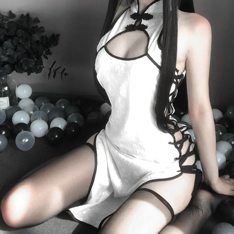 Erotic Anime Cosplay Costume Black and white Ladies Dress Women Lace Outfit Fancy Slim Fit Open Chest Uniform Sexy Cheongsam