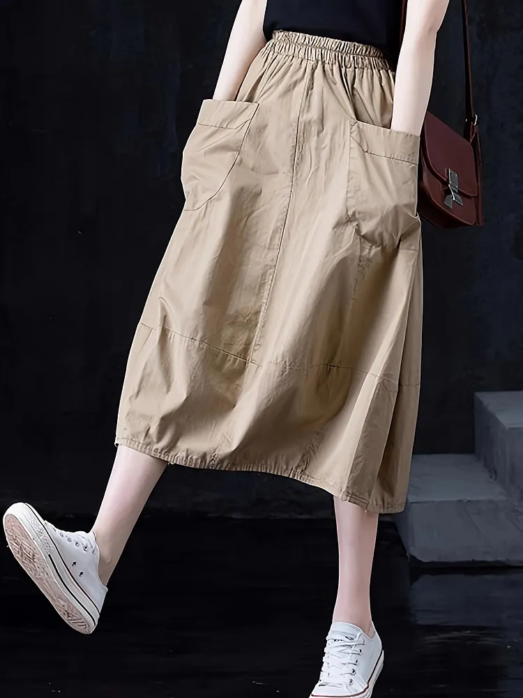 Elegant High-Waist A-Line Midi Skirt For Women Solid Beige Casual Slimming Design