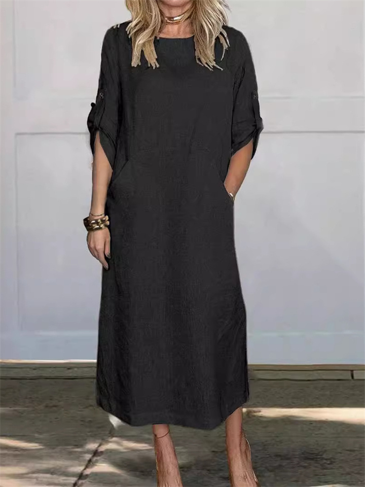 Spring and Summer Women's Cotton and Linen Solid Color Casual Round Neck Double Side Pockets Long Dresses
