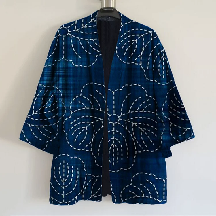 Comstylish Japanese Traditional Sashiko Floral Blooming Art Print Linen Blend Kimono Cardigan