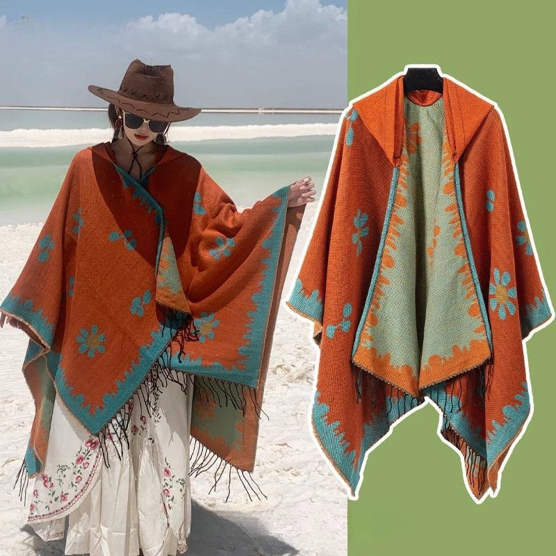 Ethnic Style Hooded Cape Women’s Yunnan Tibet Western Sichuan Grassland Bohemia Travel Wear Scarf Coat