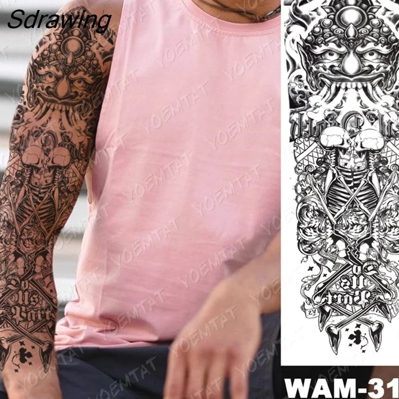 Sdrawing Arm Sleeve Tattoo Tiger Lion Wolf Owl Waterproof Temporary Tatto Sticker Crown Warrior Body Art Full Fake Tatoo Men Women