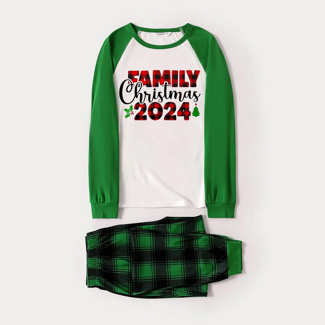 Family Christmas 2024 Text Print Long Sleeve Top With Green & Black Plaid Christmas Matching Pajamas