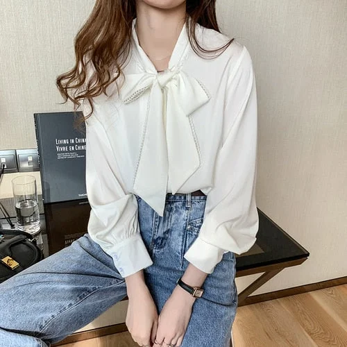 Loose Korean Tops 2021 Spring Satin Chiffon Blouse Women Fashion Blue Long Sleeve Shirt White Office Lady Clothes with Bow 10691