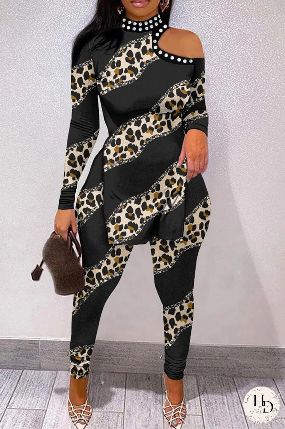 Peacock Blue Sexy Casual Print Hollowed Out Slit Printing Half A Turtleneck Long Sleeve Two Pieces