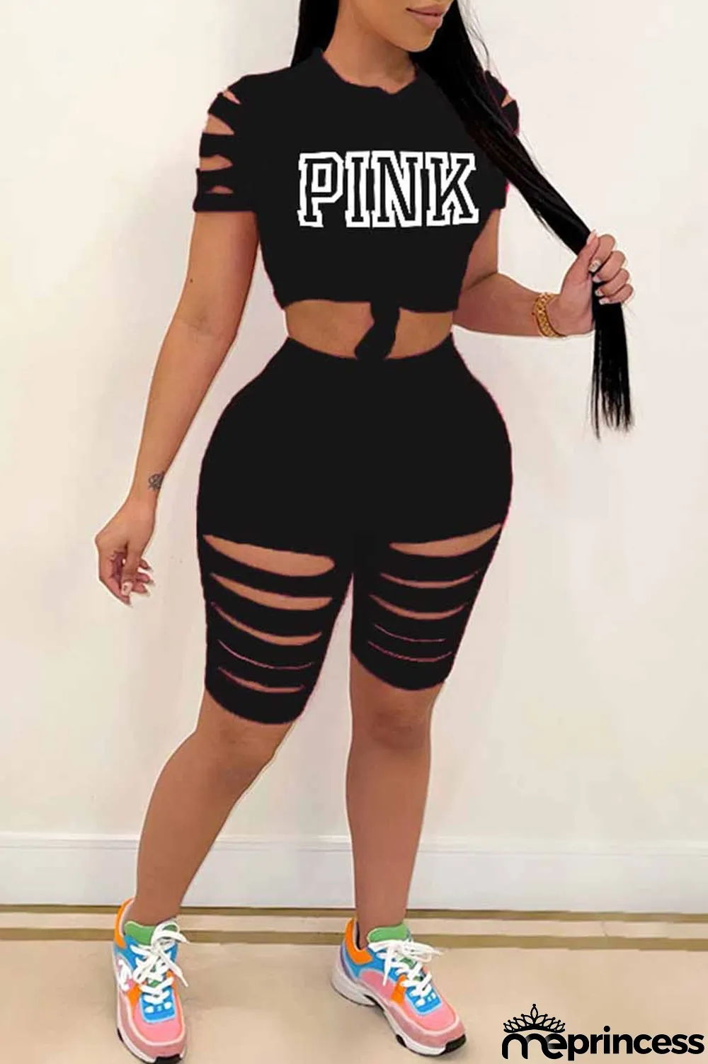 Black Casual Print Ripped Letter O Neck Short Sleeve Two Pieces