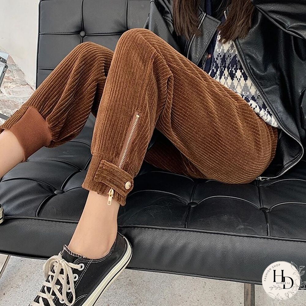Winter Corduroy Pants Women Korean Fashion Zipper Elastic High Waist Pencil Pant Causal Loose Baggy Trousers Streetwear Mujer