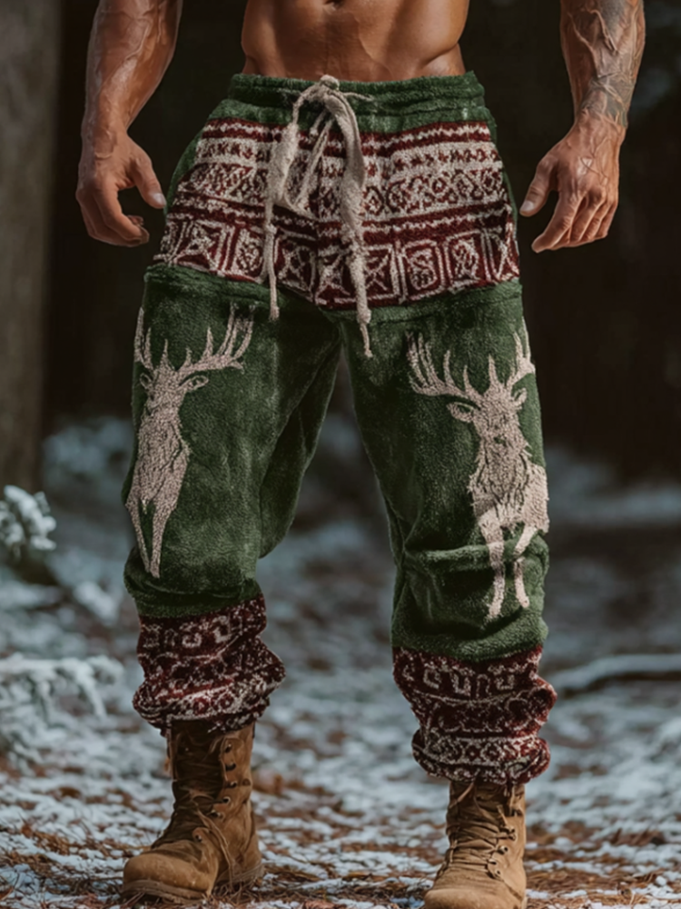Men's Retro Christmas Reindeer Print Flannel Long Pants elevenforest
