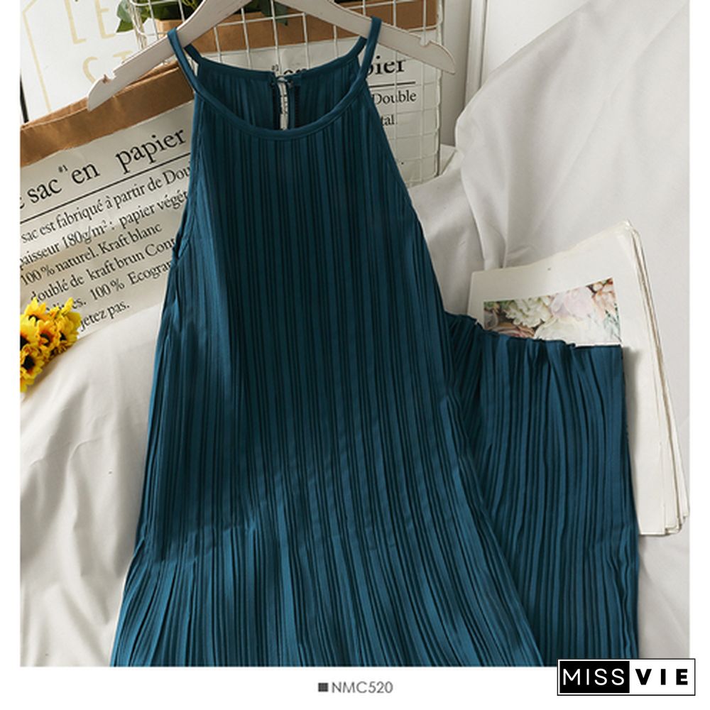 Dress Women Summer Retro Simple Chic Loose Off Shoulder Pleated Dresses Female Midi Sundress Trendy Sleeveless Vestidos Daily