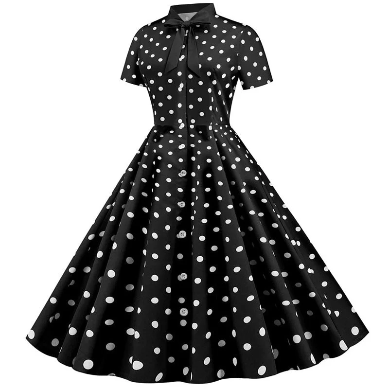 Black Polka Dot Print Women Summer Dress Short Sleeve Striped Bow Elegant Vintage Pin Up 50s Party Dress Vestidos