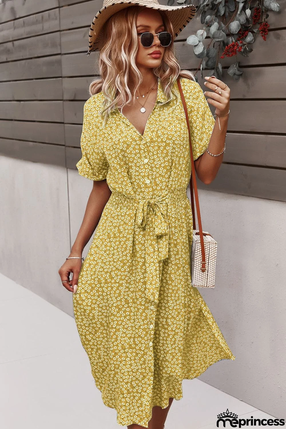 Floral Tie Front Slit Dress