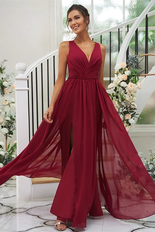Luluslly Burgundy V-Neck Sleeveless Bridesmaid Dress With Slit