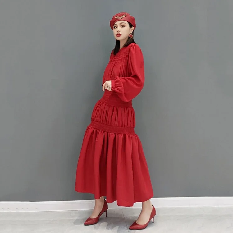 Temperament Solid Color Pleated Slim Splicing Long Sleeve Dress         