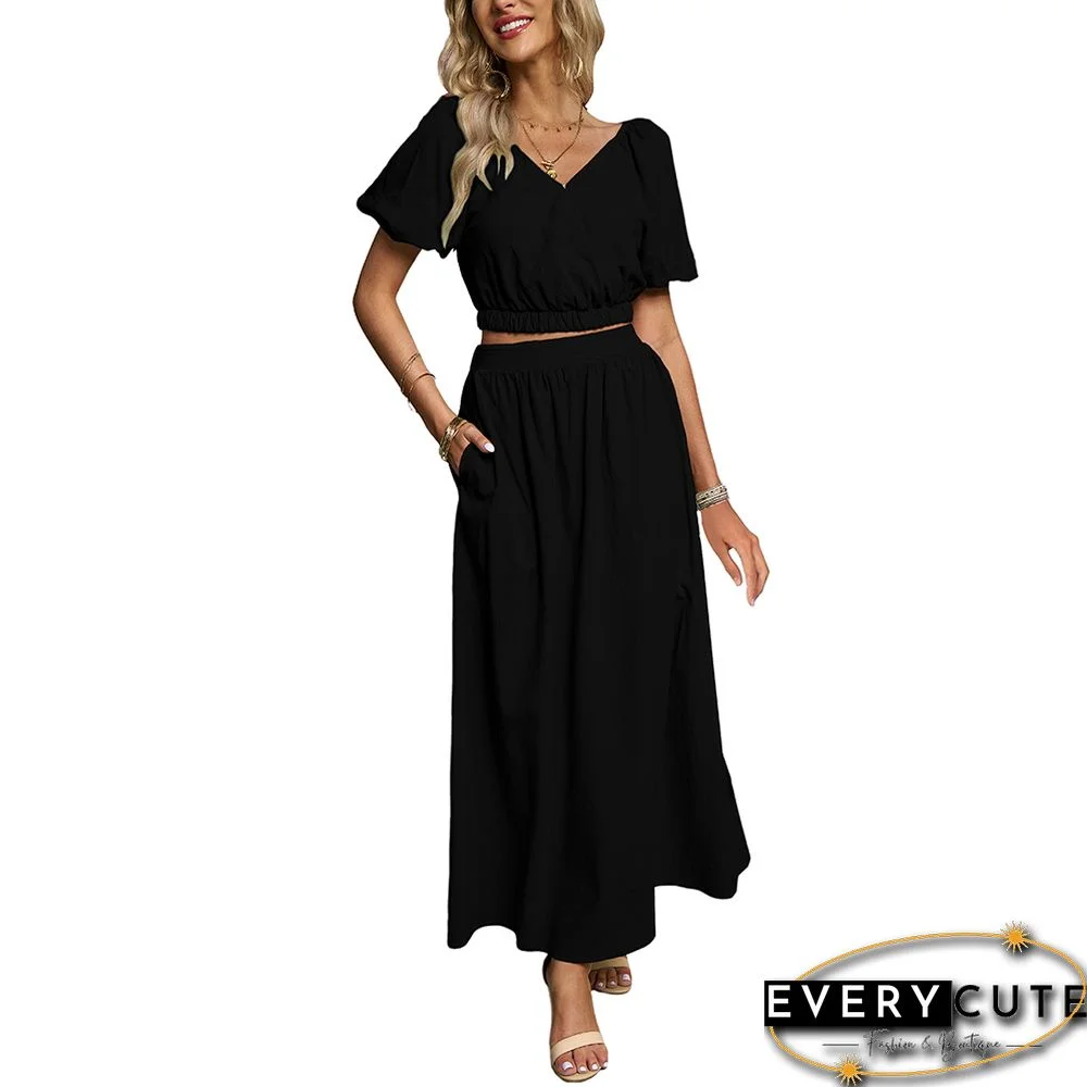 Black V Neck Crop Top and Pocket Skirt Set