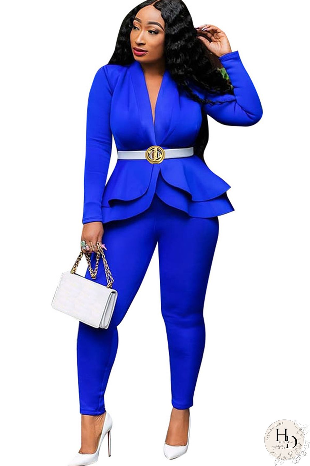 Black Casual Two Piece Suits Patchwork ruffle Solid pencil Long Sleeve