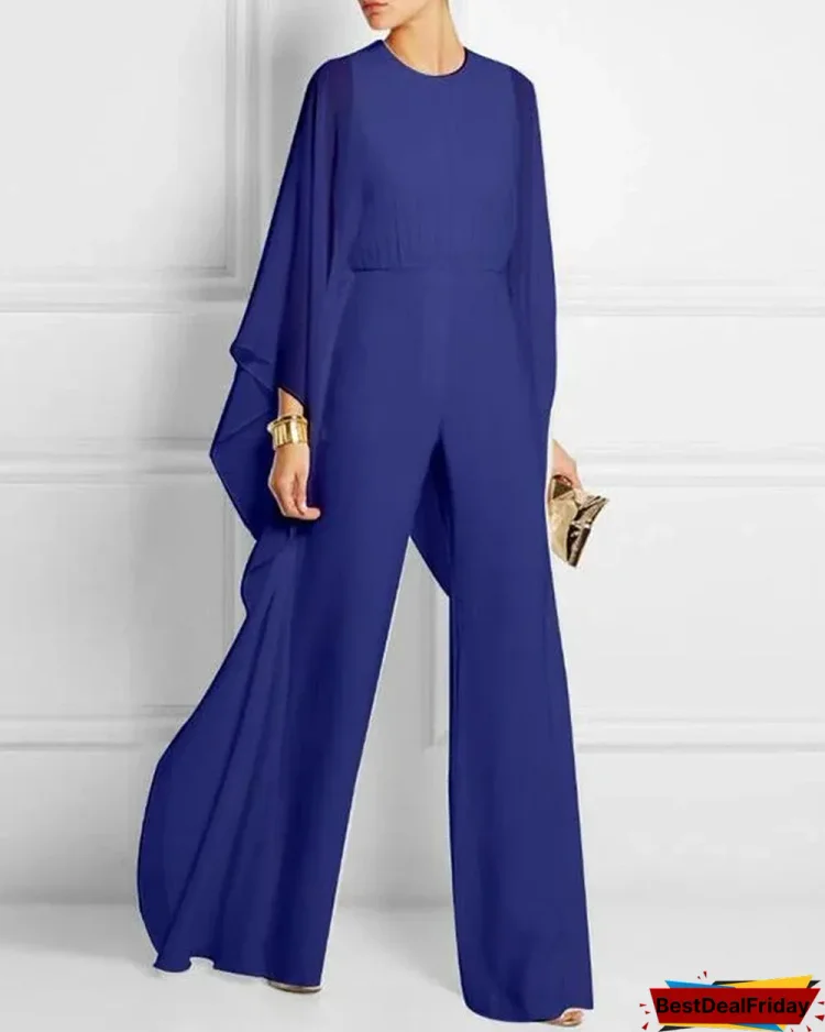 Solid Cape Sleeve Hollow Out Chiffon Wide Leg Jumpsuit P216249