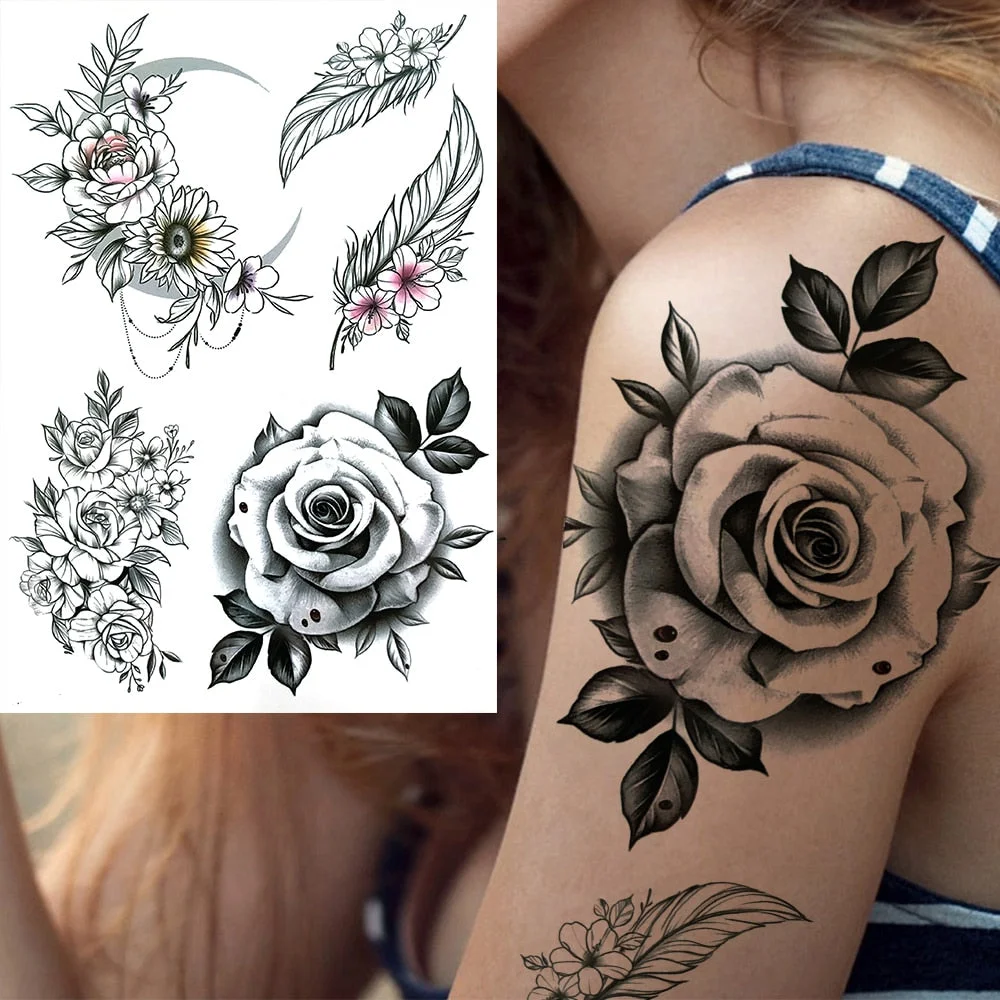 Sexy Flower Temporary Tattoos For Women Body Art Painting Arm Legs Tattoos Sticker Realistic Fake Black Rose Waterproof Tattoos