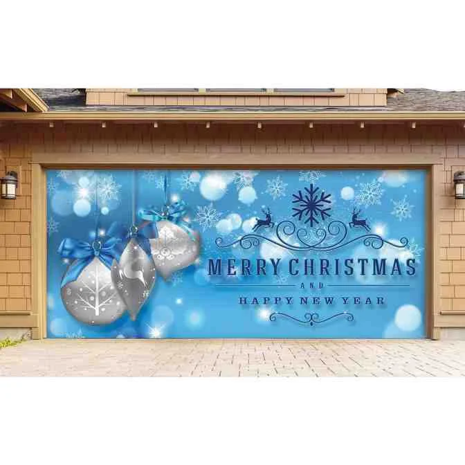 Custom size8x8,69 Silver Christmas Ornaments on Blue Christmas Garage Door Decor Mural for Double Car Garage