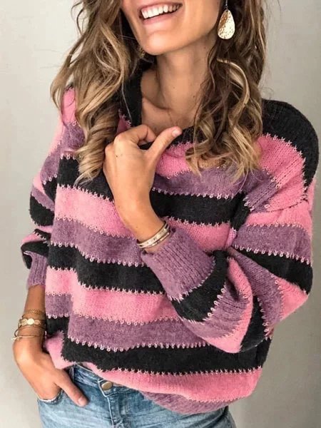 Plus Size Long Sleeve Crew Neck Striped Printed Casual Sweater