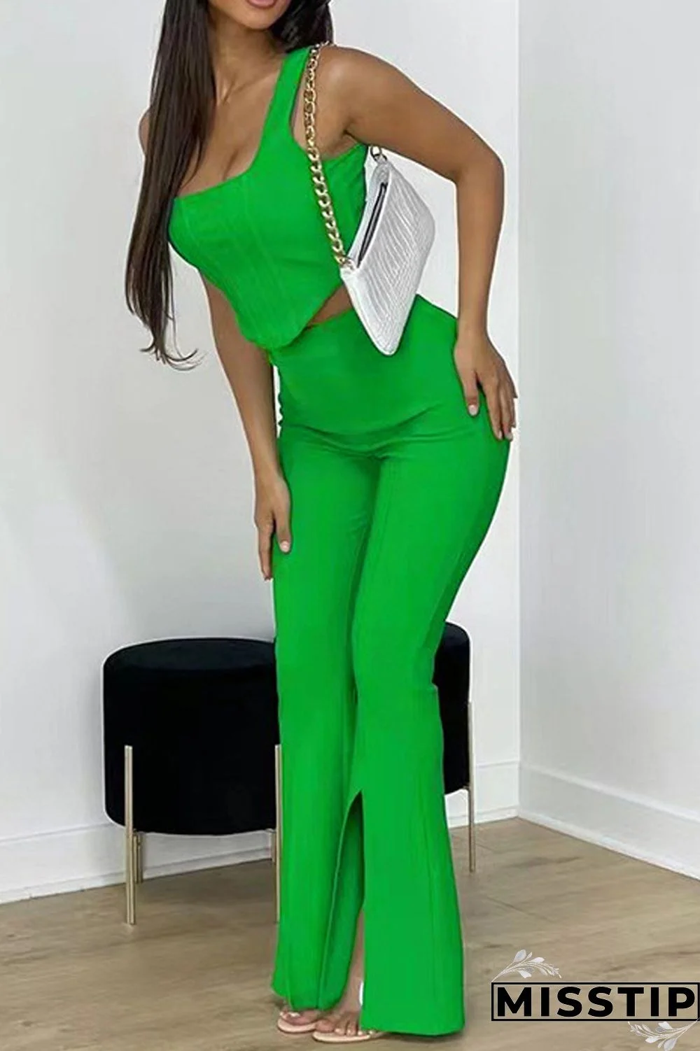 Green Casual Solid Vests Pants U Neck Sleeveless Two Pieces