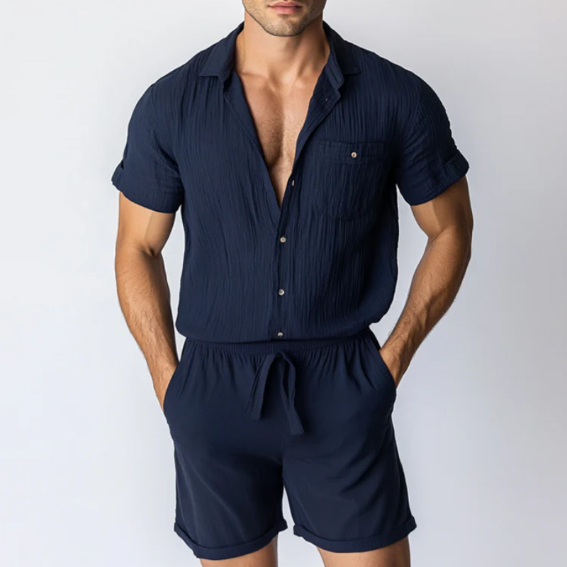 Men's Casual Cotton Linen Pleated Lapel Patch Pockets Short Sleeve Shorts Slim Fit Jumpsuit