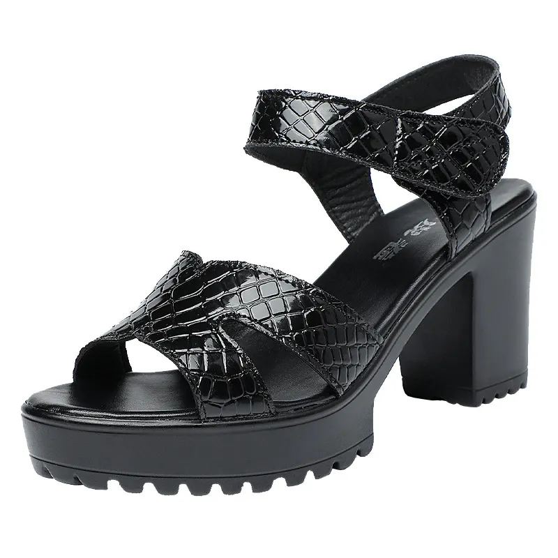 Breakj Breakj Leather High Heel Waterproof Sandals Women Fashion Crocodile Pattern Walking Shoes Summer Coarse Heel Magic Sticky H Women's Shoes