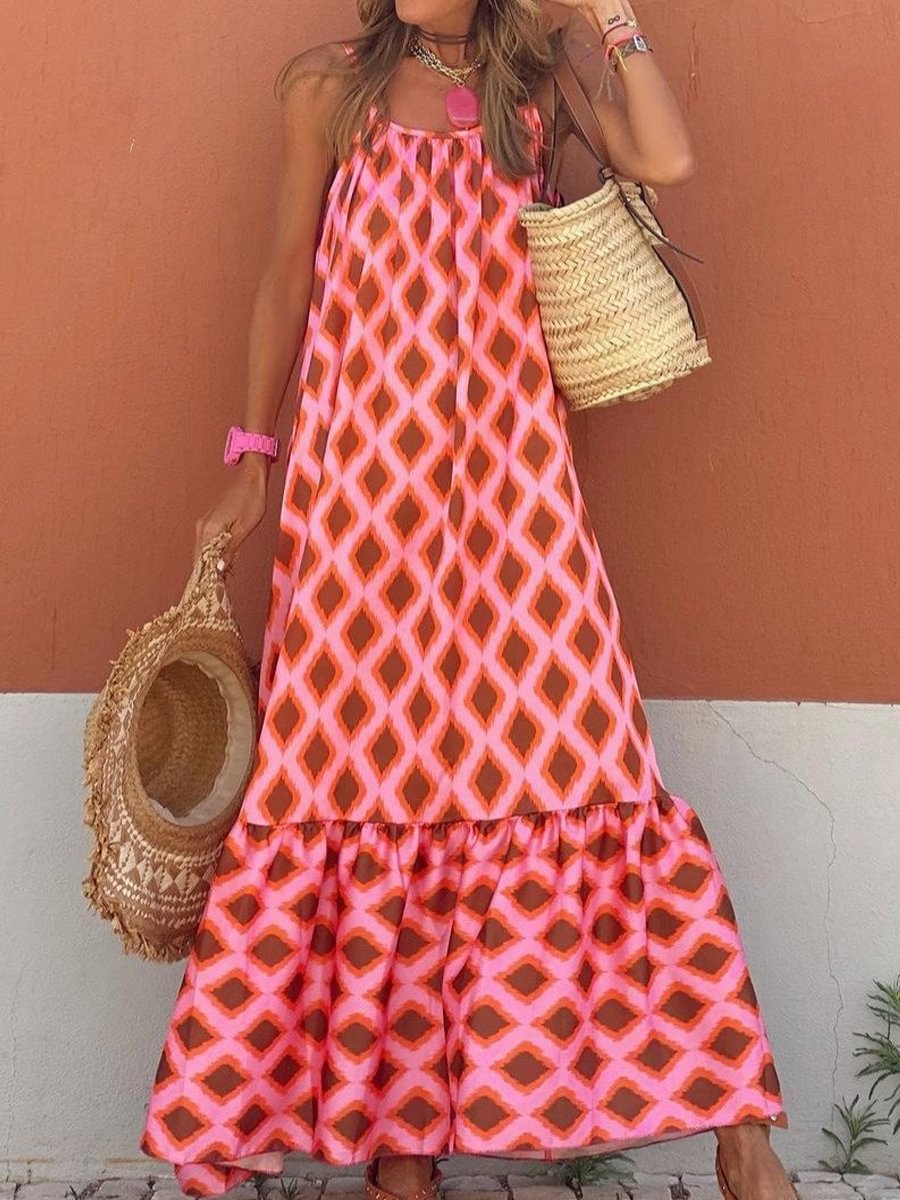Loose Casual Vintage Print Crew Neck Sling Maxi Dress