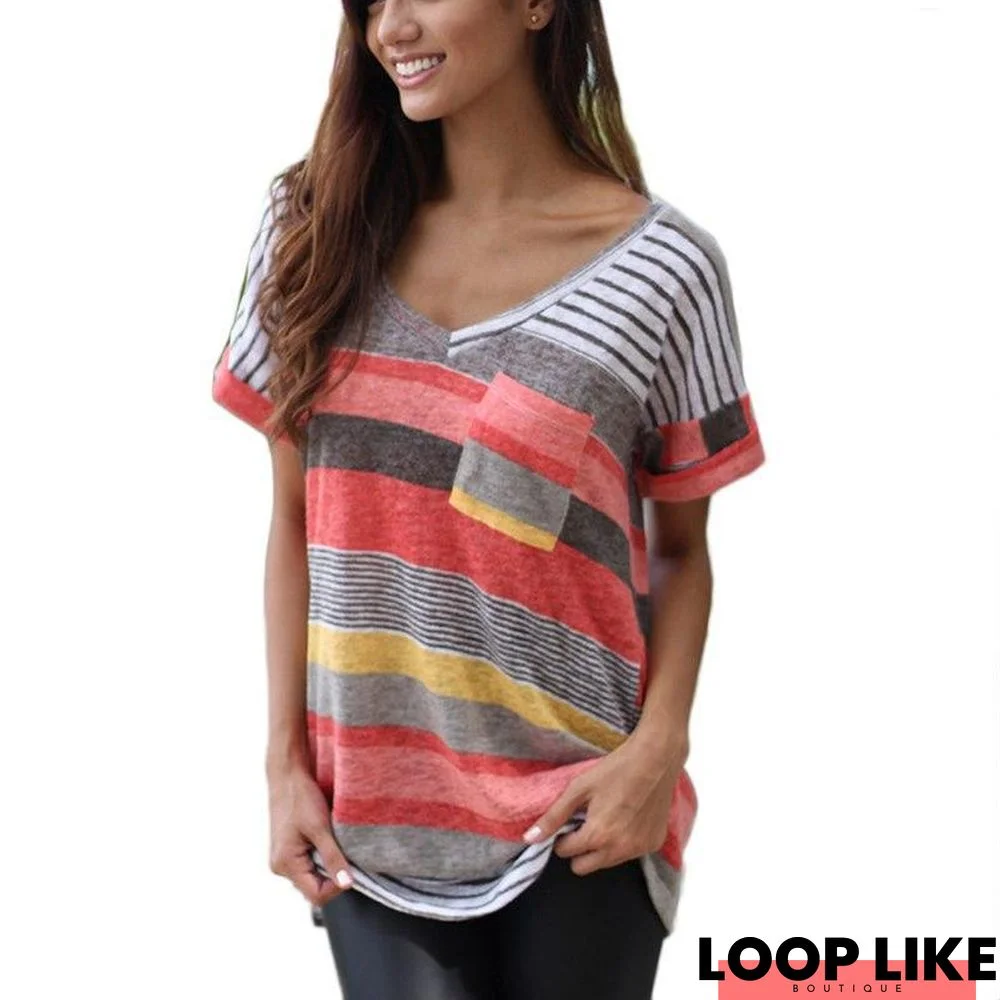 Women Fashion Printed O-Neck Pocket Striped Casual Short Sleeve T-Shirt Tops Tee