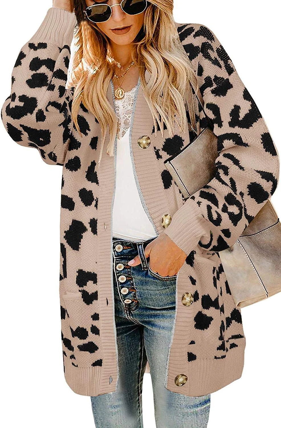 Womens Leopard Long Cardigans Sweater Oversized Chunky Button Down Open Front Loose Knitted Jumper with Pockets