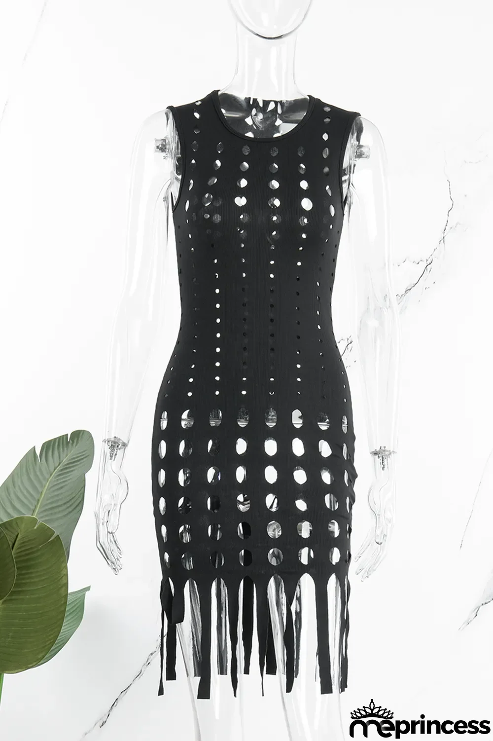 Black Sexy Casual Solid Tassel Hollowed Out O Neck Sleeveless Dress Dresses