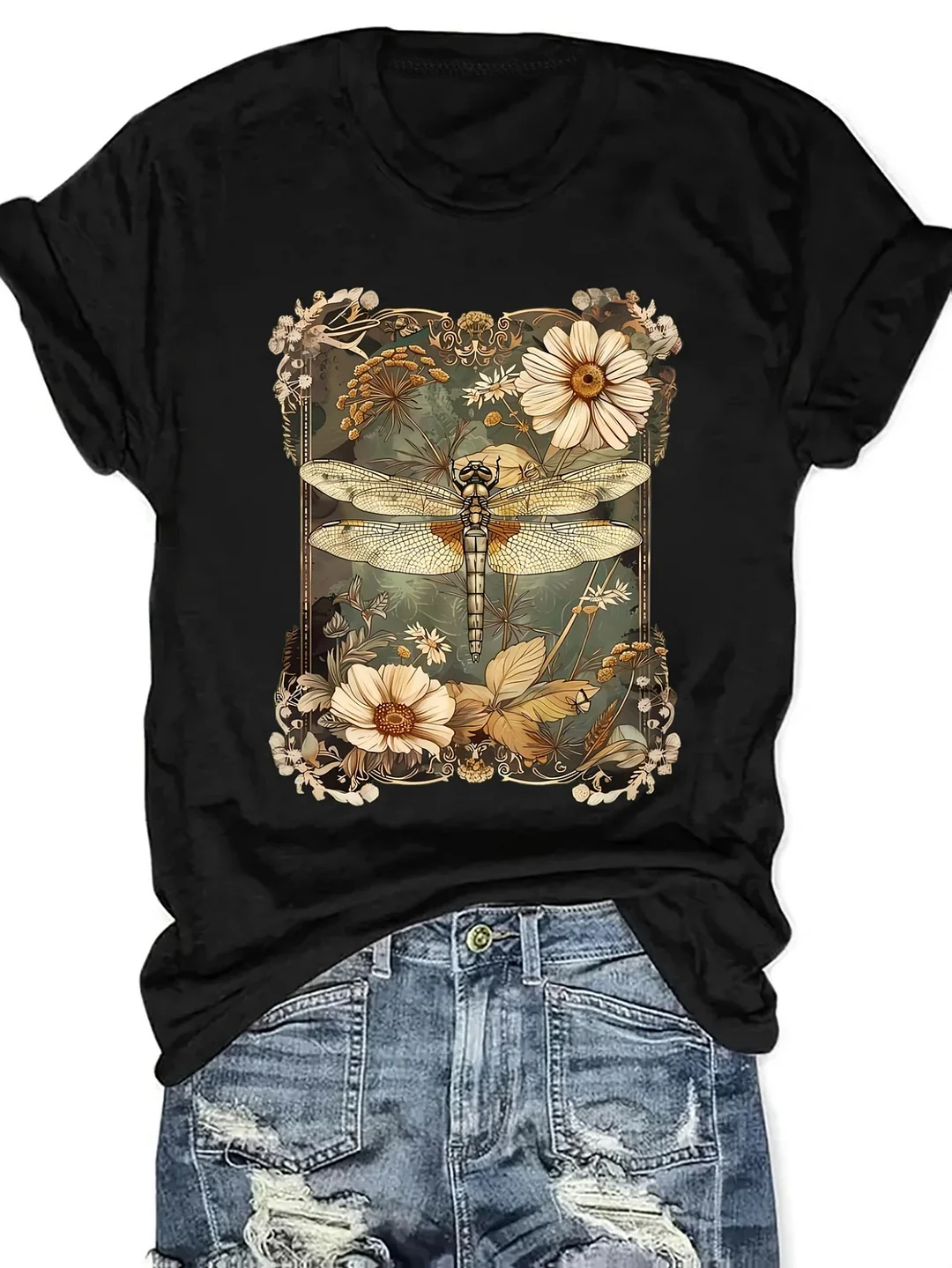 Women's Vintage Floral Dragonfly & Letter Print 100% Cotton T-Shirt - Loose Fit Round Neck Short Sleeve Casual Top For Spring/Summer, Breathable & Machine Washable | IFYHOME