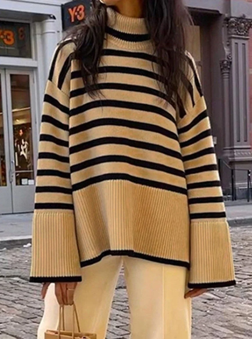 Fall/Winter Turtleneck Striped Slit Knitted Sweater | EGEMISS