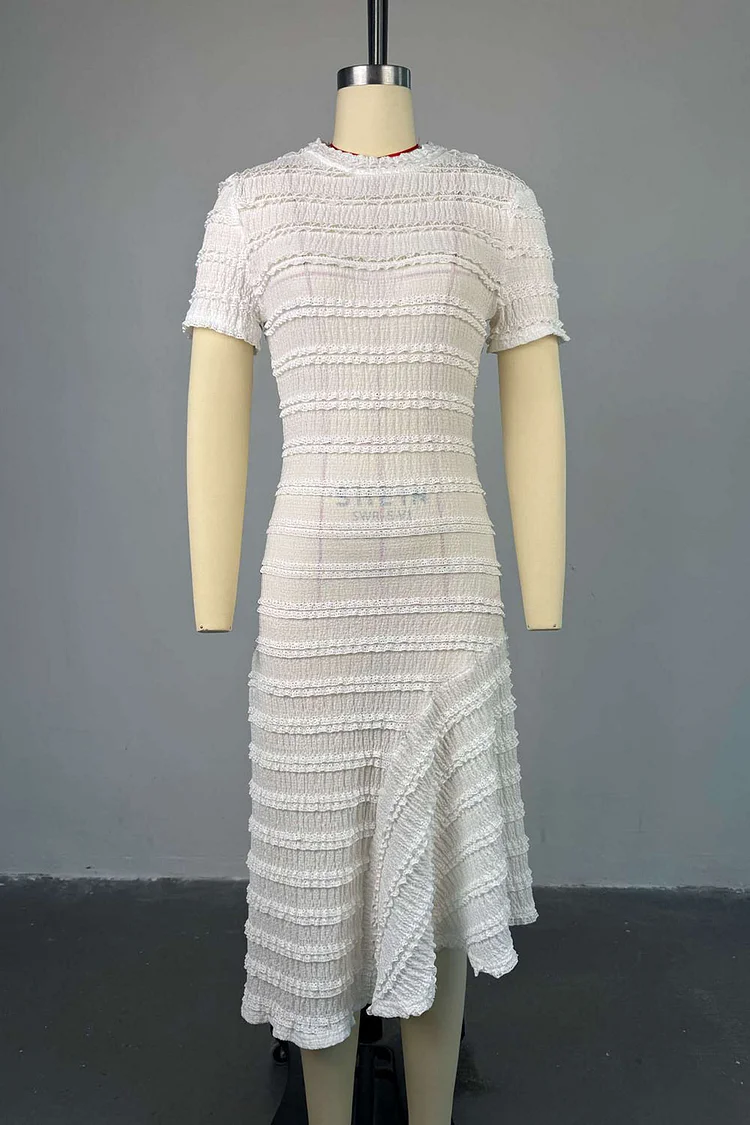 Crew Neck Short Sleeve Cinch Waist Wrinkle Overlap Daily Maxi Dresses-White