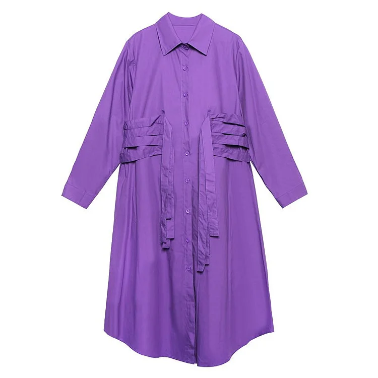 Fashion Loose Solid Color Lapel Irregular Ribonds Decor Long Sleeve Dress