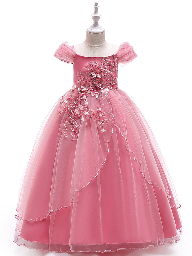 Oknass Short Sleeve Off Shoulder Flower Girl Dresses Polyester With Lace Embroidery