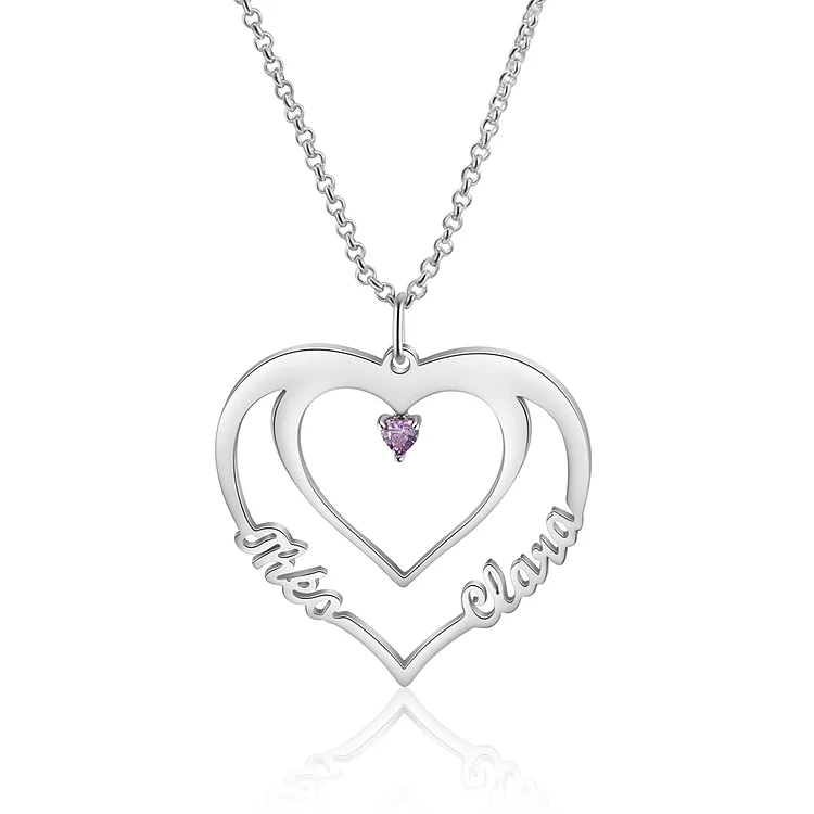 Personalized Heart Name Necklace with 1 Stone Engraved 2 Names