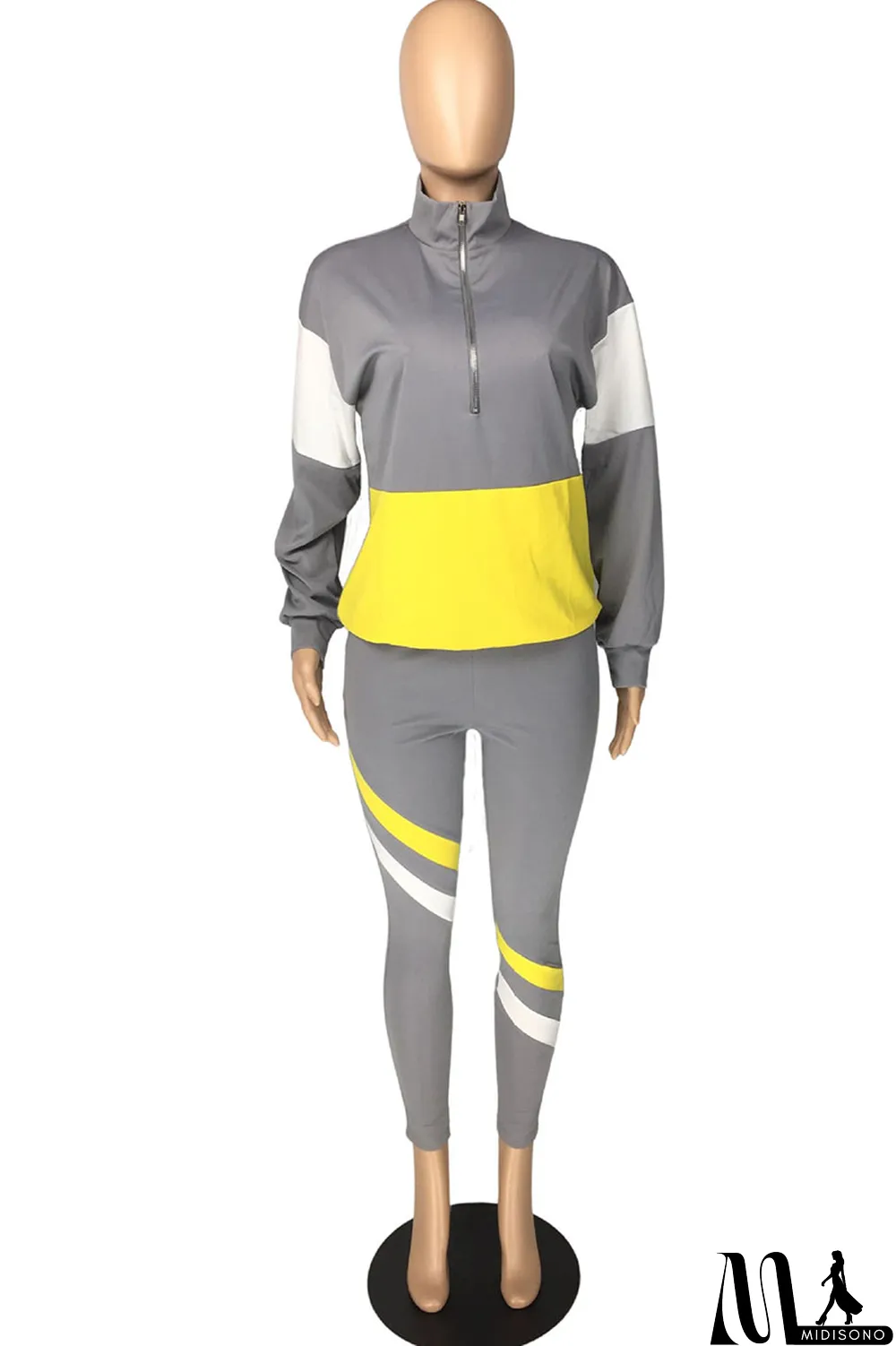 MidiSono - Fluorescent green Casual Striped Print Zippered Split Joint Mandarin Collar Long Sleeve Two Pieces