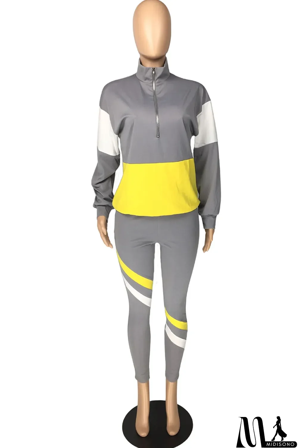 MidiSono - Fluorescent green Casual Striped Print Zippered Split Joint Mandarin Collar Long Sleeve Two Pieces