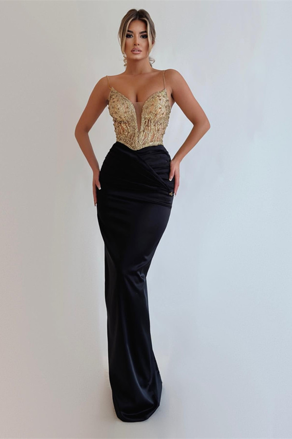 Classy Black Spaghetti-Straps Prom Dress Mermaid Sleeveless With Beads - lulusllly