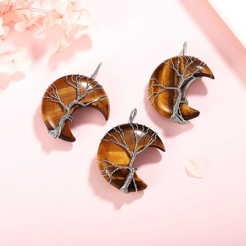 Natural Quartz Crystal Moon Tree Of Life Healing Energy Necklace Pendant