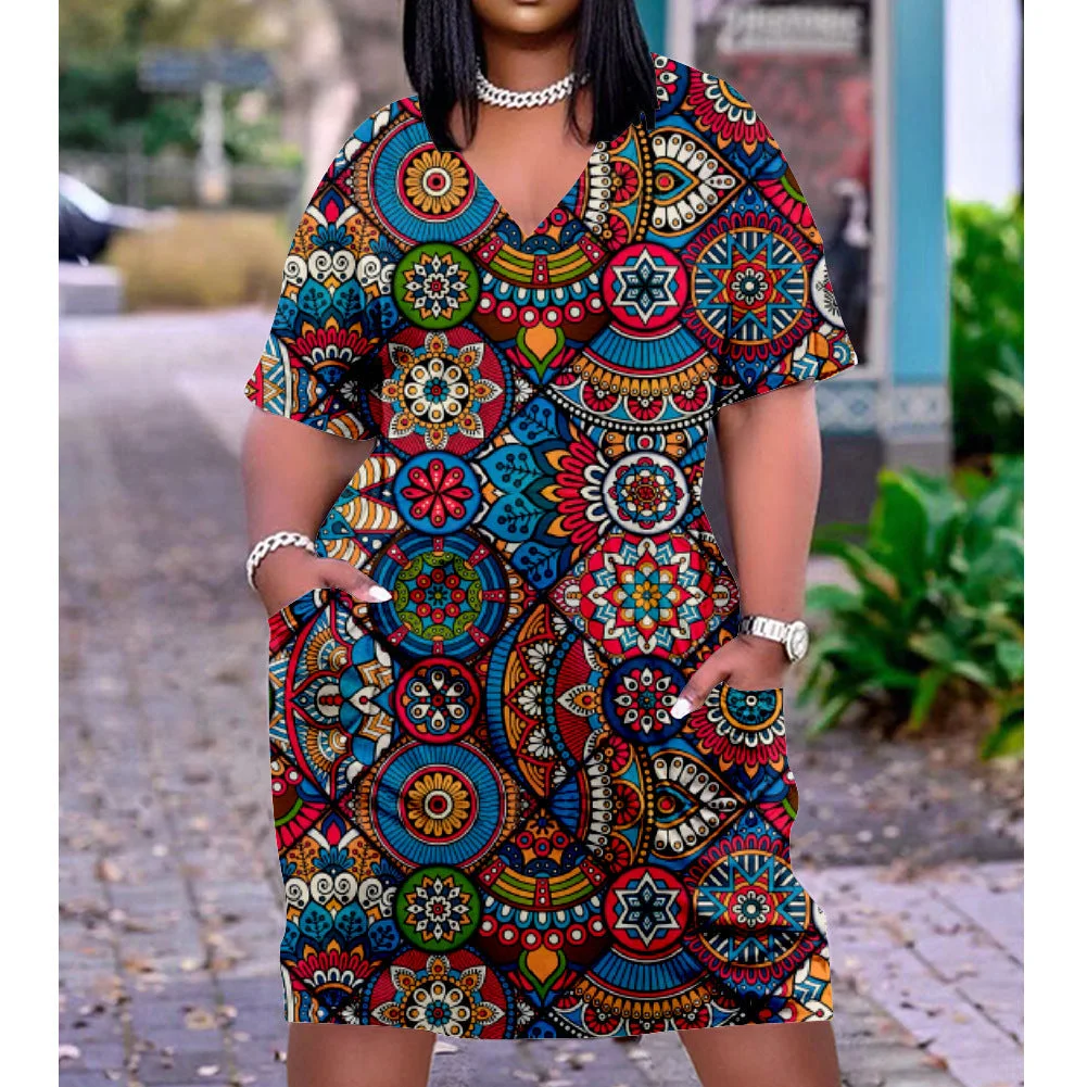 3D printed loose plus size v-neck mid-sleeve dress