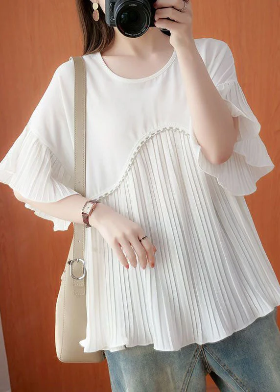Simple White Oversized Patchwork Pleated Chiffon Top Summer