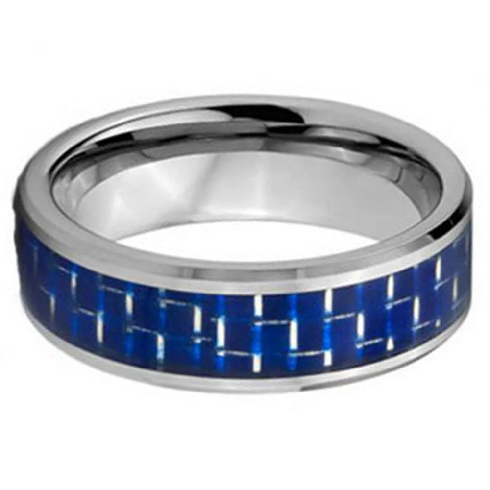 8MM Couples Tungsten Carbide Ring Blue Carbon Fiber Inlaid Wedding Band