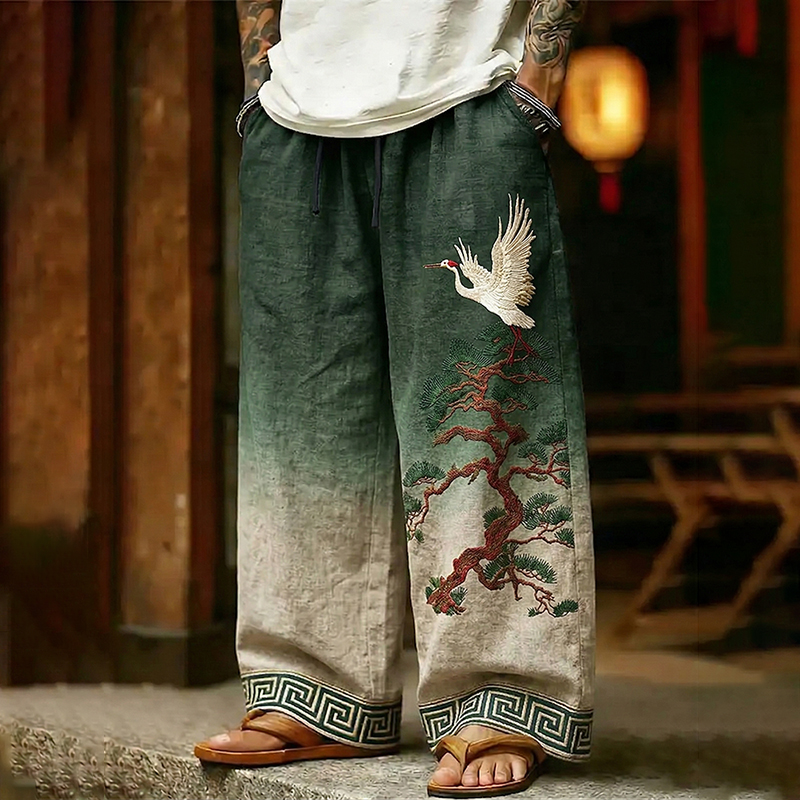 Men's Vintage Japanese Pine Trees And Cranes Print Linen  Casual Pants elevenforest