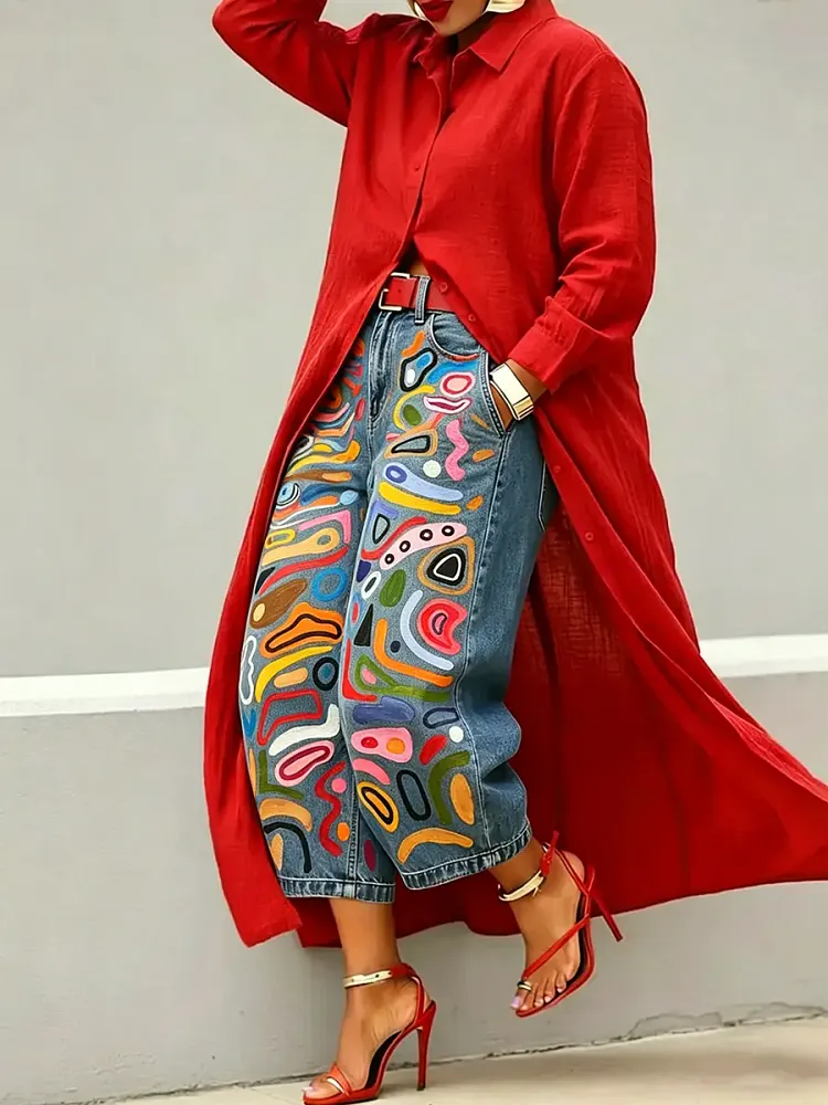 Women's Abstract Art Print Casual Loose Wide-leg Denim Pants