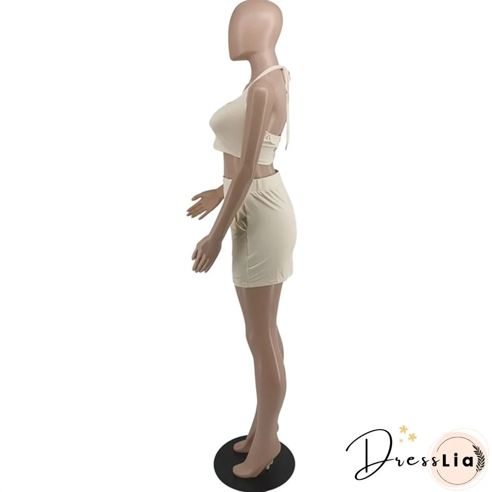 Plus Size Summer Solid Women Square Neck Sleeveless Crop Top+Elastic Waist Mini Skirt 2 Piece Set