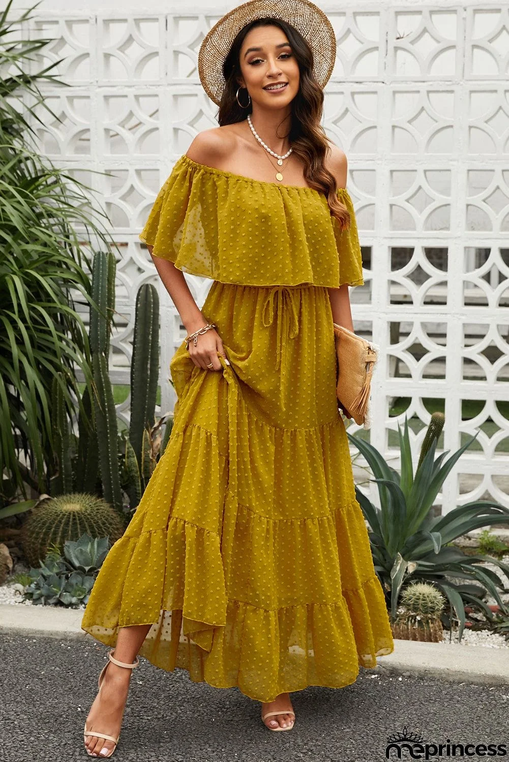 Yellow Ruffle Swiss Dot Maxi Dress