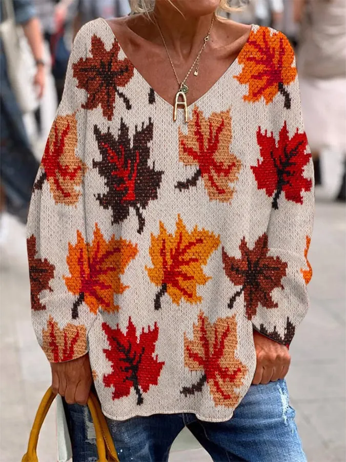 Women's Autumn Maple Leaf V-Neck French Fleece Top 