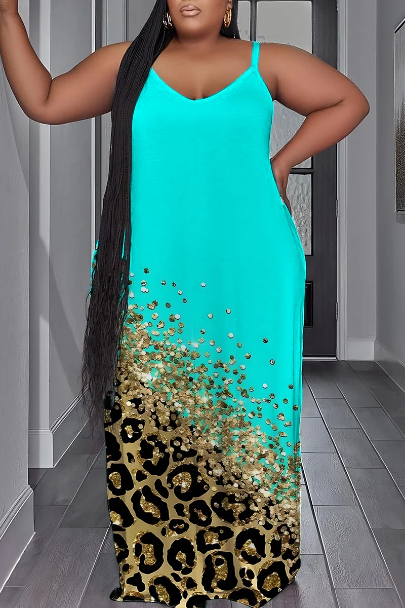 Cyan Sexy Casual Print Backless Spaghetti Strap Long Dress Plus Size Dresses