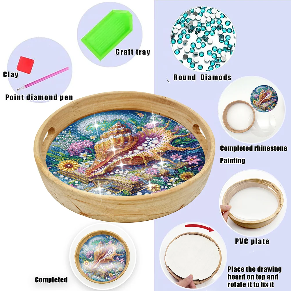 DIY Conch Shells Wooden Diamond Food Dinner Plate with Handle for Coffee Table